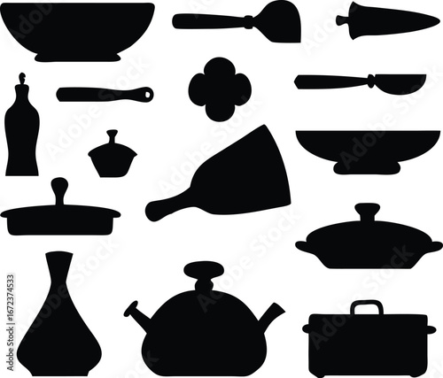 Collection of black kitchenware silhouettes on white background