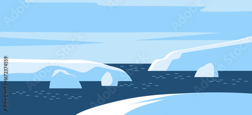 seascape with floating icebergs under a pale sky. Ideal for climate awareness, eco blogs, research reports, and web headers.