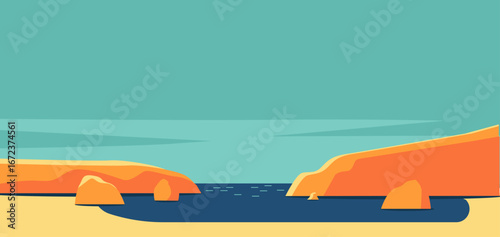 Minimal coastal landscape with orange cliffs and calm blue sea beneath a teal sky. Ideal for travel websites, summer promotions, beach posters, banners, and social media.