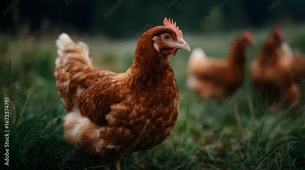 Fototapeta premium Organic free range chickens in a grassy field