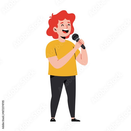 Character singing with Microphone on Stage, Red Hair, Happy Expression