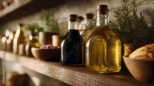 Fototapeta Naklejka Na Ścianę i Meble -  Shelf of organic olive oils and vinegars in a Mediterranean inspired kitchen  long title A warm cozy kitchen scene featuring a wooden shelf