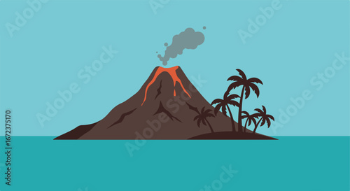 Volcano erupting near palm trees on tropical island in blue sea/sky scene