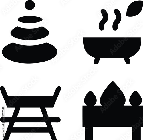 Collection of four black icons representing wellness and relaxation concepts