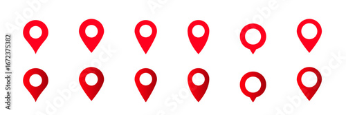 A collection of red location pin icons, each with unique designs. useful for map apps and navigation.