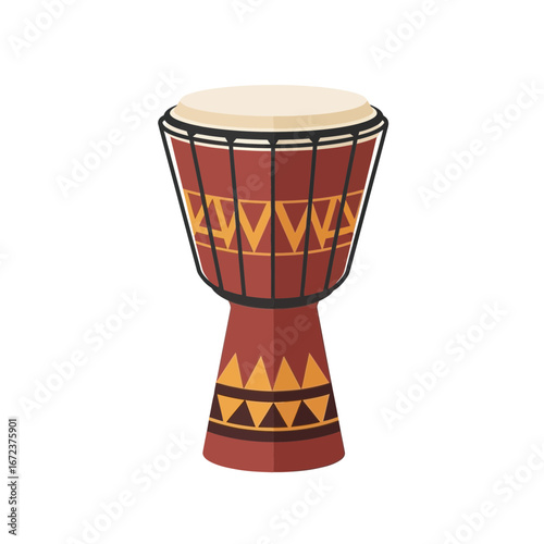A decorated djembe drum with a white drumhead.