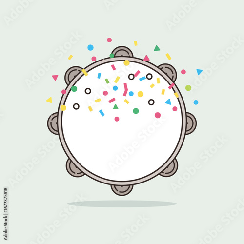 Tambourine with colorful confetti against a light background.
