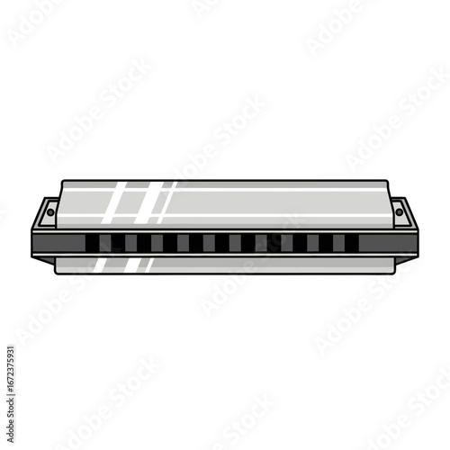 Silver harmonica with black and white keys on a white background.
