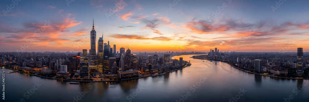 Naklejka premium A panoramic view of a city skyline at sunset with river reflection.