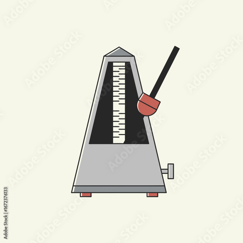 A metronome with a swinging pendulum on a light background.