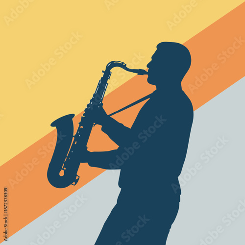 Silhouette of a man playing a saxophone against a striped background.