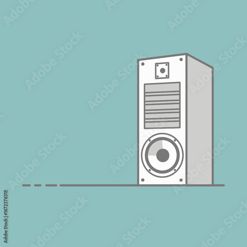 White speaker on a teal background with a thin line.