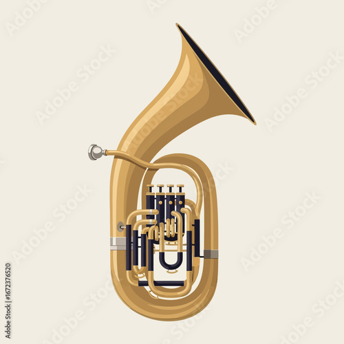 Golden brass musical instrument with valves and bell.