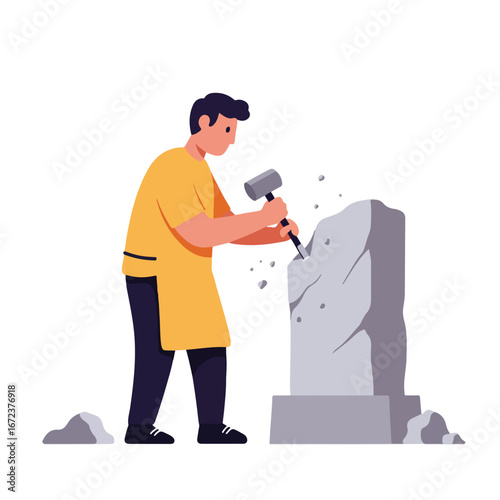 Person Chipping Stone Slab with Hammer in Workshop or Outdoors