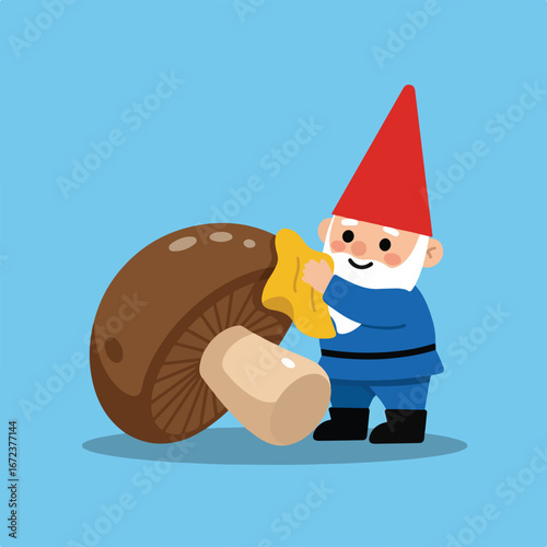 Gnome Cleaning a Big Mushroom with a Cloth on a Light Blue Background