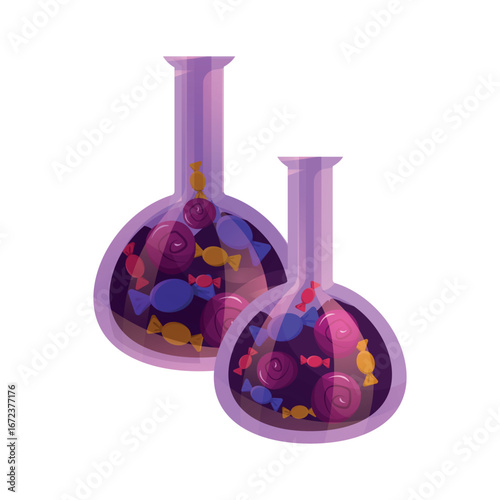 Vector illustration of laboratory flasks filled with colorful candies. Creative concept combining science and sweets, perfect for posters, education, and design projects.