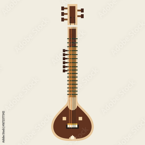 A brown stringed musical instrument with a long neck and gourd body.