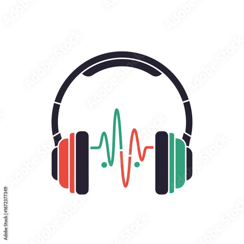 Headphones with a colorful sound wave graphic.