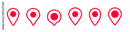 Collection of red map location icons in various styles, each featuring a prominent red circle.