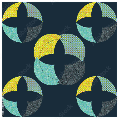 Seamless abstract design featuring overlapping circular shapes and petal-like segments in retro-inspired colors such as yellow, teal, and charcoal on a dark background. The symmetrical composition cre