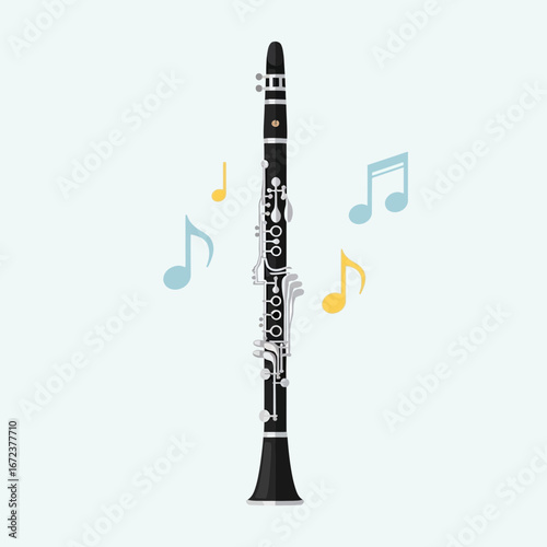 Black clarinet with musical notes on a light blue background.