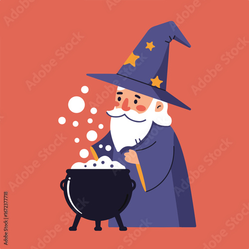 Wizard Brewing Potion in Cauldron, Magic Bubbles Rising Up, Dark Orange BG
