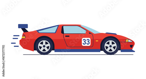 Red sports car with racing number thirty three on side moving fast