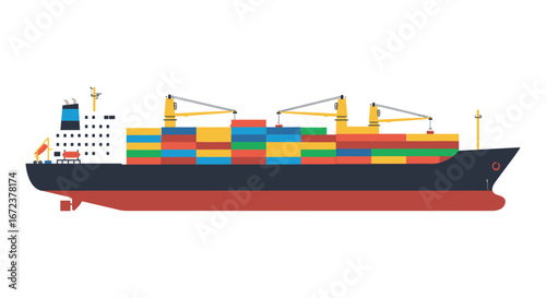 Large cargo ship with colorful containers on deck and cranes
