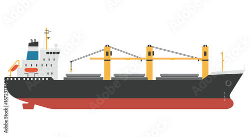 Large cargo ship with cranes on deck in simple illustration style