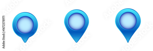 Three glossy blue map pins feature circular designs, showcasing diverse shapes for various uses.