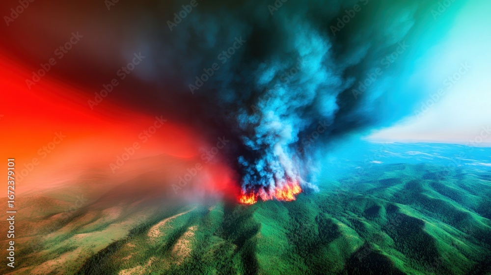 Naklejka premium Large wildfire engulfs forested area, creating dramatic smoke clouds
