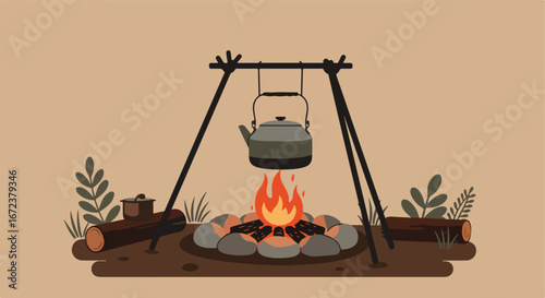 Brewing Tea over Campfire in Wilderness