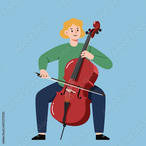 Woman Playing Cello on Light Blue Background