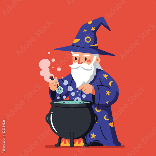 Wizard Brewing Potion in Cauldron on a Red Background