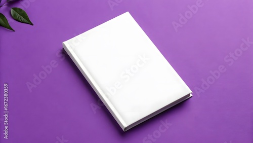 Blank white book cover mockup on vibrant purple background with subtle green leaves