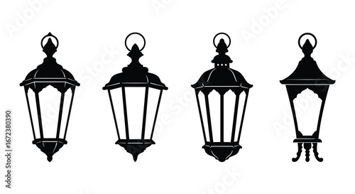 Four different styles of black lanterns on a white background