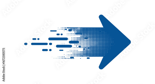 Blue arrow moving forward with digital pixels and bars trailing behind