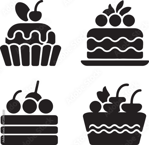 Vector cartoon set of delicious bakery desserts like chocolate birthday cakes, cupcakes, muffins, and fruit tarts with colorful cream, cherries, and strawberries