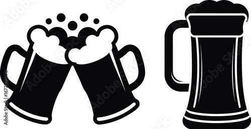 Set of Beer mug silhouette. Two clinking beer mugs icon vector illustration. party, cheers, pub, Oktoberfest and drink-themed decoration