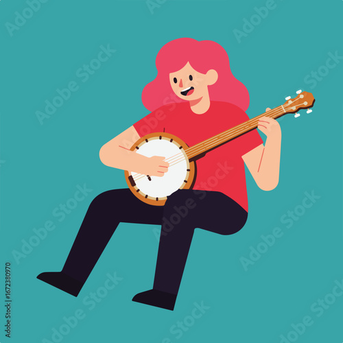 Woman playing banjo on blue background
