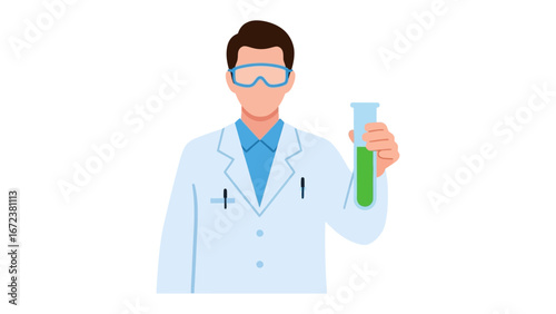 The Lab Researcher: A diligent scientist, donning protective eyewear, examines a vial containing a vibrant, liquid solution, embodying the essence of discovery and innovation.
