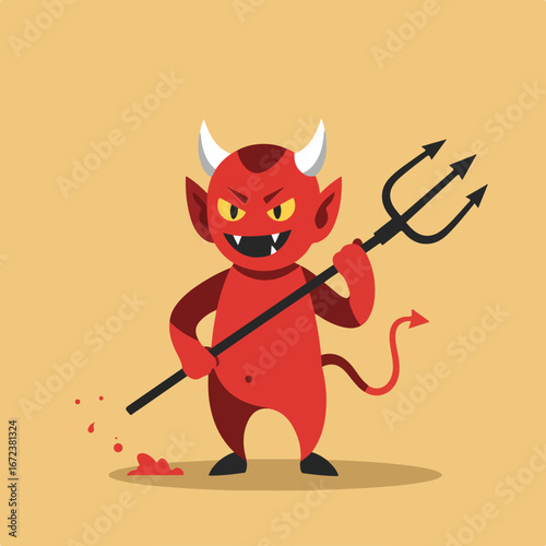 Demon Holding Trident With Blood On Ground - Halloween Illustration