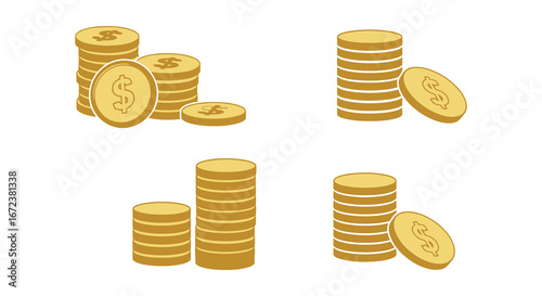 Golden coins stacked in various configurations on a white background