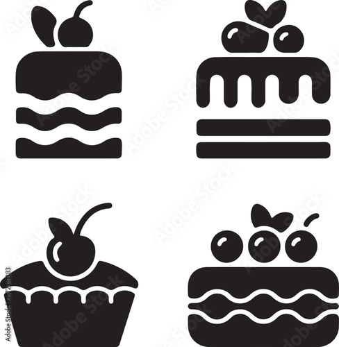 A cartoon vector icon set of various sweet and delicious desserts, including birthday cakes, cupcakes, and chocolate pies, with decorative cream, cherries, and strawberries