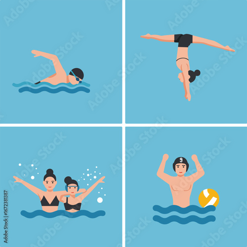 Swimming, Diving, and Water Polo in Blue Water Pool Illustration