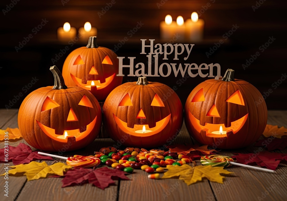 Fototapeta premium Photo of spooky halloween scene with carved pumpkins, candles, candies and autumn leaves creating a festive and warm atmosphere for the holiday