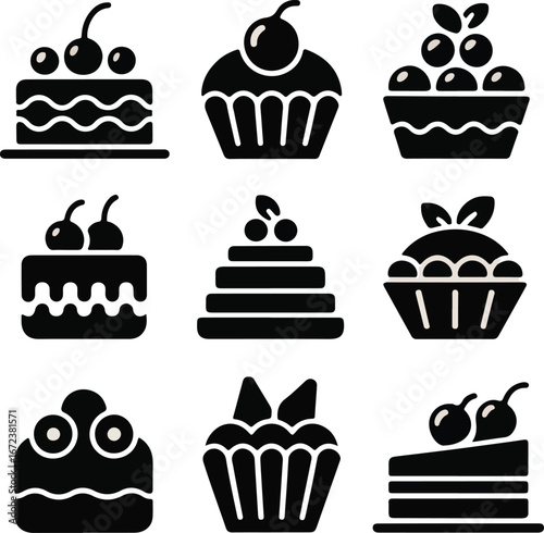 Set of cakes and cupcakes with sweets and desserts illustration