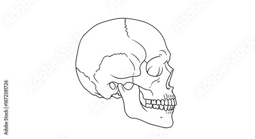Detailed line drawing of a human skull profile showcasing anatomical features for educational or artistic purposes