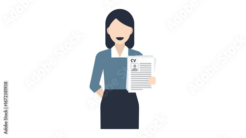 Career in Focus: A stylized woman stands with confidence, holding a resume, symbolizing professional aspirations and the pursuit of success in the corporate world. 