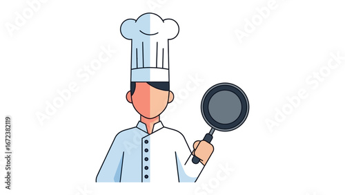Chef with Pan: A minimalist illustration of a chef in a crisp white uniform and tall hat, holding a pan, embodying culinary expertise and the art of cooking.